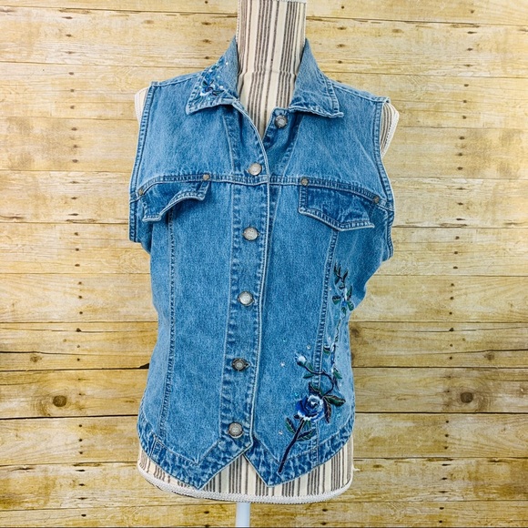Vintage Jackets & Blazers - BillBlass Jean Vest Embroidered Floral with Gems